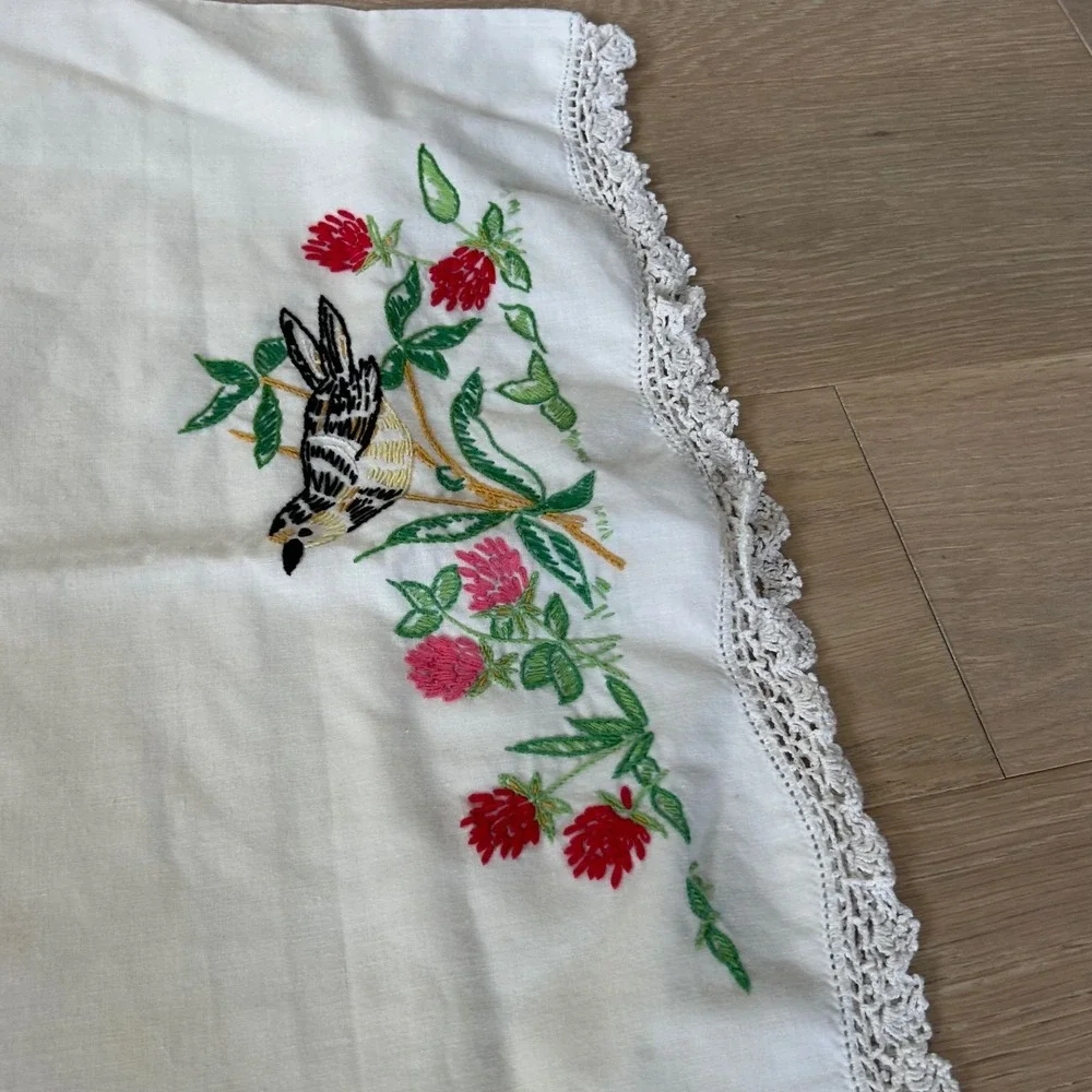 (3) Vintage Hand Embroidered Pillowcase Set Bird Floral Rose Crochet Trim White